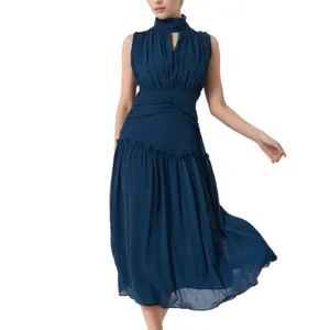 Custom Fashion New Vintage Ruched Dress For Women Stand Collar Sleeveless High Waist Chiffon Female Midi Chiffon Dresses