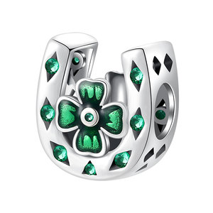 S925 Silver Geometric Cutout Horseshoe Charm All Green CZ <b>Clover</b> Bead Oxidized Boho Jewelry for Stacking <b>Bracelet</b> - Product Image 1