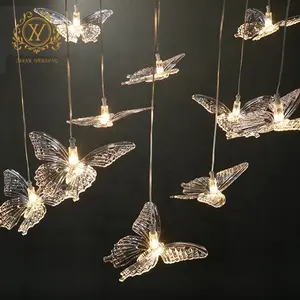 Lámpara colgante de mariposa acrílica transparente, luz de techo de 10 cabezales para decoración de fondo de escenario de boda