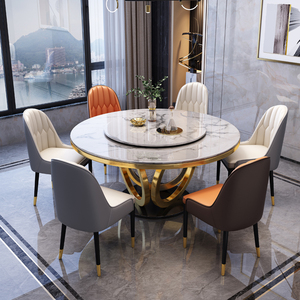 Set da Pranzo Moderno con Tavolo in Marmo e 6 Sedie, Piano Rettangolare in Pietra Sinterizzata con <span class=keywords><strong>Gambe</strong></span> in Metallo Dorato - Product Image 2