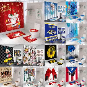 Best price wholesale american custom 3d print 4 pcs name brand designer flower christmas bathroom shower curtain hookless set