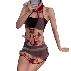 Chemise de nuit sexy Cheongsam pour femmes, sans manches, en mousseline de soie, brodée de papillons, lingerie, vêtements de nuit 8109 - Product Image 5