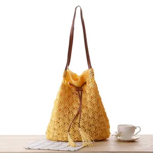 Women New Design Fashion Knit Bag Retro Hollow Straw Girl Drawstring Beach Summer Travel Shoulder Bag