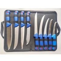 Ensemble de couteaux à filet tranchants à faible quantité minimale de commande en gros avec manche en plastique bleu et sac portable pour la pêche en plein air, le camping et l'écorçage