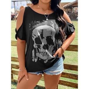 Camiseta de Manga Corta con Estampado de Calavera para Mujer, Talla Grande, Hombros Descubiertos, Transpirable, Informal, para Verano - Product Image 5