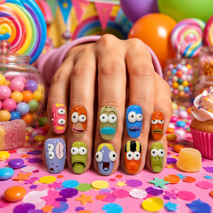 Faux ongles à presser avec motifs de personnages de dessins animés, ensemble de faux ongles 3D en relief aux couleurs vives, nouveauté pour femmes - Product Image 4