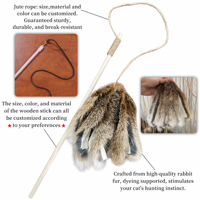 Jouet interactif pour chat en fourrure de lapin naturelle, canne à pêche, jouet de chasse d'intérieur, fournisseur en gros OEM ODM