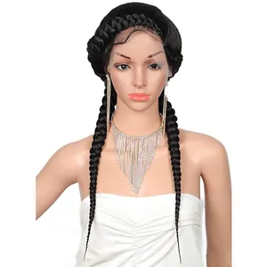 NEWLOOK 24 wig kepang tangan penuh renda Swiss depan Belanda wig kepang dengan rambut bayi untuk wanita sintetis Premium