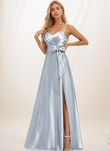 Robe longue <span class=keywords><strong>chic</strong></span> pour femme, col en V profond, sexy, en satin, fendue, de haute qualité, élégante, pour soirée - Product Image 1