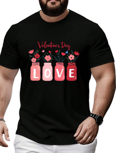 T-Shirt con Stampa 'Love' e Barattolo Mason per San Valentino, Taglia Grande, Manica Corta, Collo Tondo, Unisex, Casual, 100% Cotone, Jersey 180g - Product Image 1