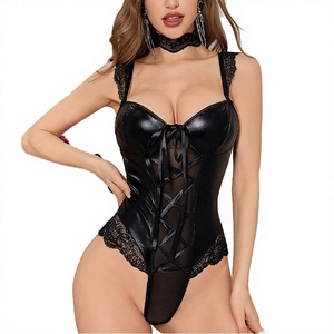 <b>Black</b> Leather Lace Bodysuit Deep V-neck <b>Corset</b> Lingerie See-through Firm Control Women's Sexy Bustier - Product Image 3
