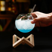 Verre à cocktail créatif en forme de boule avec support en bois, coupe transparente en forme de lune pour jus, vin, boissons froides, restaurant, bar, vente en gros