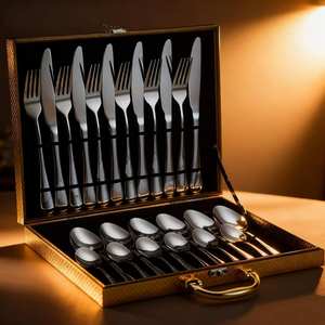 طقم أدوات مائدة فاخر من زونك مكون من 24 قطعة من الفولاذ المقاوم للصدأ المصقول الذهبي كهدية - Product Image 2