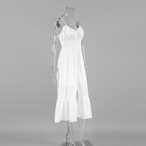 2025 महिलाओं की सेक्सी सफेद सूती लिनन हैटर ड्रेस बहुमुखी पुल-अप वी-गर्दन आधार ठोस पैटर्न दिवस समारोह यूरोपीय अमेरिका शैली - Product Image 6