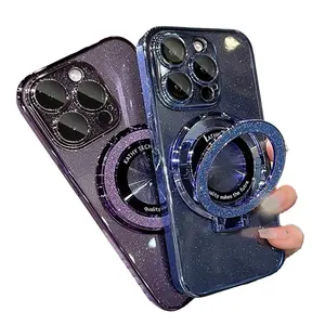 Luxe Glitter Magnetische Draadloze Oplaadring Beugel Case Voor Iphone 15 14 13 12 Pro Max 15 Lens Beschermhoes Voor Iphone15