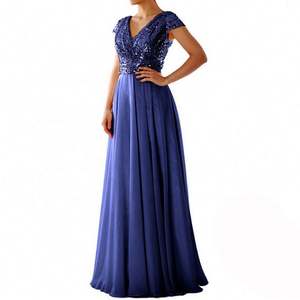 舞会礼服长晚礼服帝国腰加大码帽袖v领亮片褶边雪纺玫瑰伴娘婚礼香槟 - Product Image 2