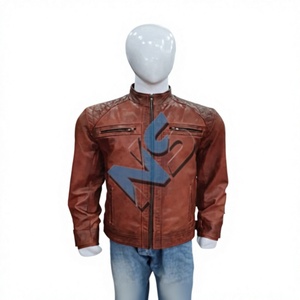 Nabtay Sports NS-322F <b>Men's</b> Waterproof Distressed Cognac Brown Genuine <b>Leather</b> Biker <b>Jacket</b> Diamond Quilted Design Stand Collar - Product Image 1
