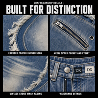 Jean en denim délavé personnalisé 420 g/m² à jambe large, coutures incurvées, bords effilochés, poches avant zippées, pantalon en denim streetwear OEM ODM