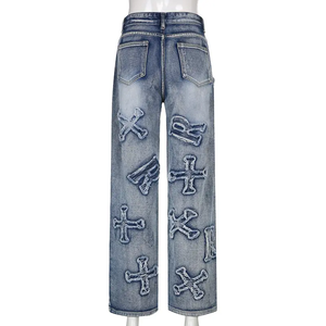 Custom Jans Fabricar Retro Streetwear Pantalones de mezclilla Rectos de pierna ancha Patchwork Bordado Letras Mujeres Pantalones holgados Jeans - Product Image 3