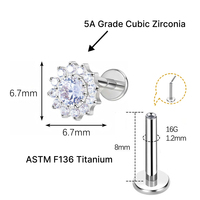 JiaXin ASTM-F136 Piercing Corporal de Titanio Sin Rosca con Parte Trasera Plana, Tipo Labret, Medusa, Concha, Lóbulo, Flor, Circonita Cúbica, 16G