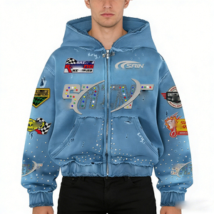 هودي رجالي ثقيل الوزن 100% قطن مع تطريز وطباعة DTG مخصصة وسحاب وحجارة الراين بتصميم ملابس الشارع - Product Image 1