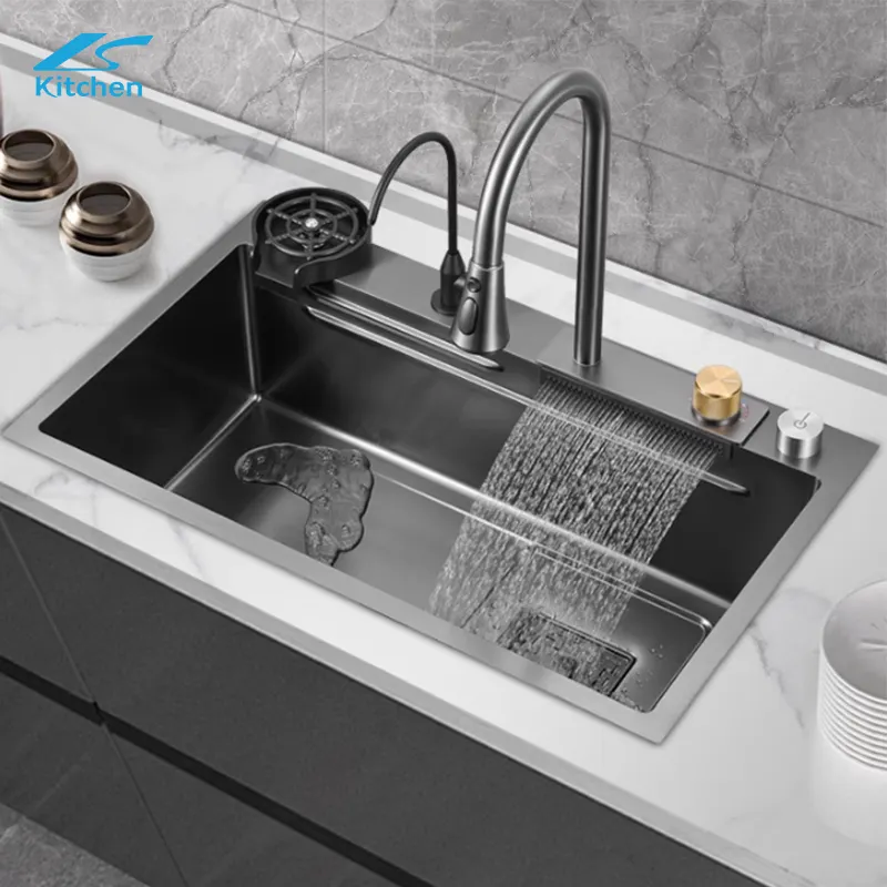 LIANGSHUN Smart Multifunction Modern Style Kitchen Sink Nano Black Waterfall Faucet Kitchen Sink