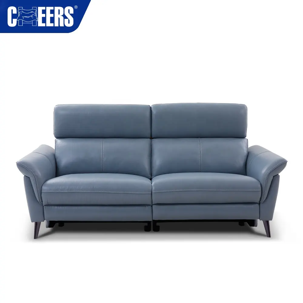 MANWAH CHEERS Wholesale Luxury European Blue Real Leather 2 Seat Metal Legs Big Size Loveseat Power Recliner Sofa