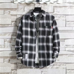 RNSHANGER Otoño Hombres <span class=keywords><strong>Camisa</strong></span> de <span class=keywords><strong>manga</strong></span> <span class=keywords><strong>larga</strong></span> a cuadros Moda coreana Camisas elegantes y juveniles Camisas clásicas delgadas Slim Fit Camisas de bolsillo - Product Image 5