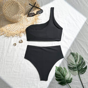 Maillot de bain une épaule RUIQUWIN pour femme, push-up, couleur unie, plissé, taille haute, avec logo frontal, idéal pour les vacances à la plage - Product Image 4