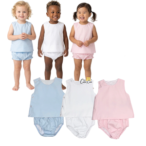 Conjunto de Blusa y Pantalón Corto para Bebé, Color Azul Celeste y Rosa, con Monograma, sin Mangas, con Ribete de Picot, de Algodón Tejido, para Recién Nacidos - Product Image 1