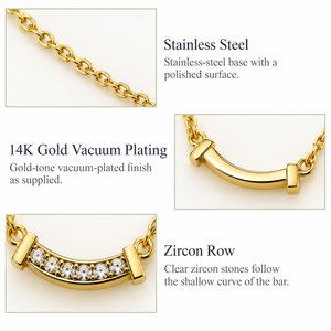 Collier à barre incurvée en zircon, acier inoxydable, plaqué or 14 carats, chaîne réglable 42 + 5 cm - Product Image 2