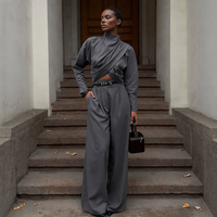 Ensembles de pantalons d'été chics en gros : Blazer plissé à col montant et pantalon large taille haute – Tenues élégantes pour femmes de bureau