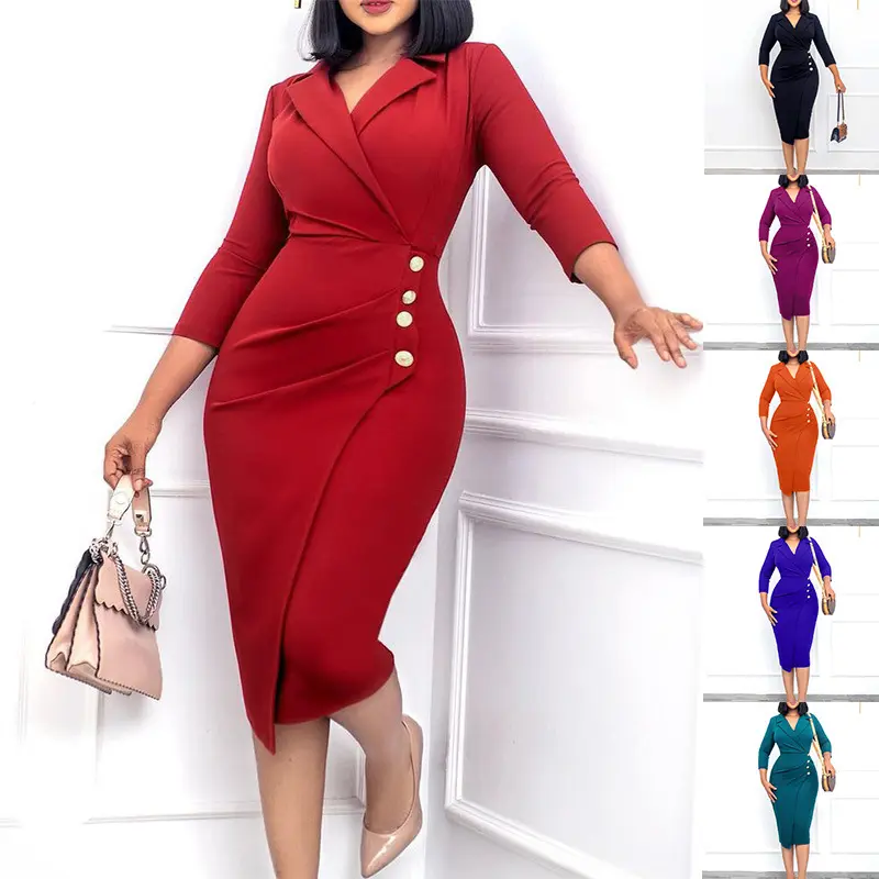 Moda 2023 yeni tasarım kadınlar Casual Wrap elbise resmi zarif uzun kollu V boyun bodycon bayanlar kariyer ofis Midi elbiseler