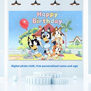 Affiche de 3e anniversaire sur le thème de <span class=keywords><strong>Bluey</strong></span> pour bébé, avec photo de <span class=keywords><strong>Bluey</strong></span> <span class=keywords><strong>et</strong></span> <span class=keywords><strong>Bingo</strong></span>, fond en panneau KT, impression numérique moderne pour fête - Product Image 1