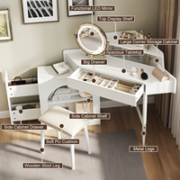 Coiffeuse d'angle avec miroir et éclairage LED, luminosité réglable, miroir pliable, blanc