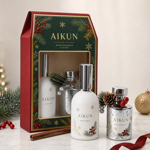 Coffret cadeau de parfum d'ambiance Aikun Christmas, 2 flacons en verre argentés, avec spray d'ambiance et diffuseur à bâtonnets, pour offrir en cadeau pendant les fêtes - Product Image 1