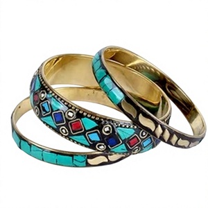 Bracelets vintage à motifs géométriques en laiton et résine, avec incrustation de turquoise, plaqués or, bijoux ethniques élégants pour femmes - Product Image 1