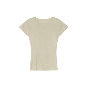 Women's Round Neck Ribbed Knit Short Sleeve T-Shirt Pink Slim Fit <b>Top</b> Summer Wear - Product Image 3