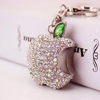 Gantungan Kunci Carabiner Unisex Promosi Mewah Berhias Rhinestone dari Paduan Seng dengan Sablon Desain Apel Lucu