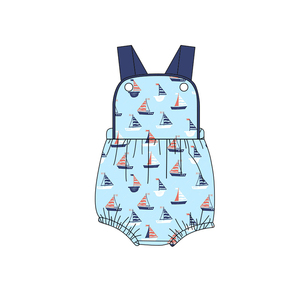 Combinaison à manches longues avec fermeture éclair pour bébé fille, imprimé bateau bleu, SR3945, ensemble de bulles pour bébé, coton et élasthanne - Product Image 1