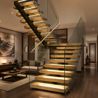Escalier flottant en verre avec balustrade, monopoutre, marches en bois, éclairage LED intégré, conception de rampe d'escalier cantilever pour intérieur