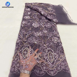 Sinya ô liu màu xanh lá cây pháp lưới ren với sequins Ngọc Trai Trắng Xám phổ biến 5 yards Wedding party DRESS sang trọng đính cườm ren vải - Product Image 5