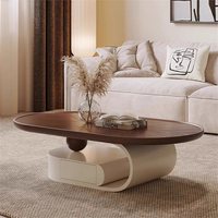 Table basse design minimaliste ronde à bords incurvés, style moderne rétro, pour salon, usage domestique, couleur noyer, style vintage.