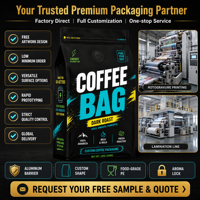 Sachet de café imprimé sur mesure, pochette verticale avec valve de dégazage unidirectionnelle, fermeture éclair, emballage noir mat, languette de tirage