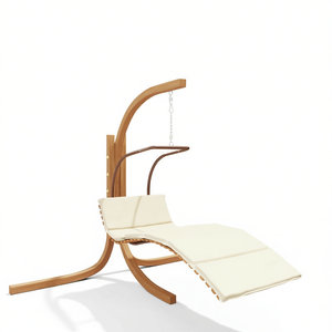 Cream Patio <b>Swing</b> Chair <b>Wood</b> Frame Cushioned <b>Seat</b> Outdoor Living Contemporary Design - Product Image 1