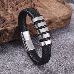 Stylish Men's <b>Leather</b> Wristband With Magnetic Clasp | Braided <b>Leather</b> <b>Bracelet</b> with Gold Black or Silver Stainless Steel Accents - Product Image 5