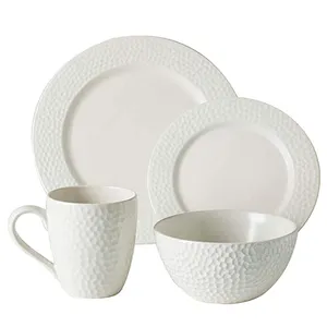Set of 4 White Kitchen Embossed Design Plate Bowl Mug Ceramic Dinnerware Set