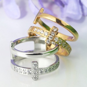 yunnique Double Layered Cross <b>Ring</b> Steel Gold Channel Setting Women's Fashion Jewelry Index <b>Finger</b> <b>Ring</b> - Product Image 3