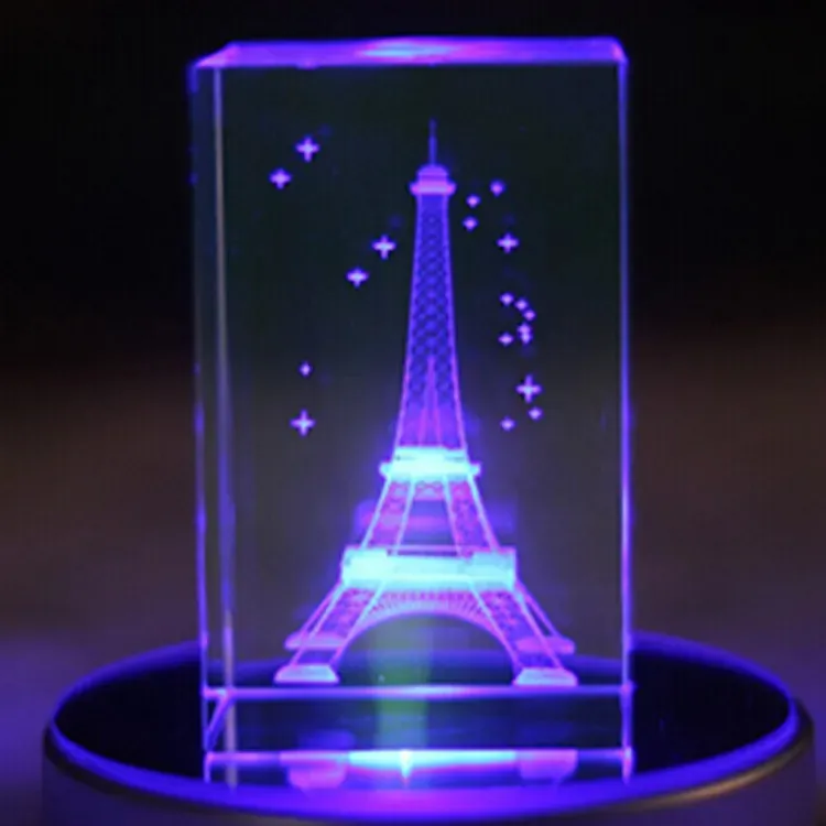 Honor Of Crystal Popular Top Selling Cube Torre Eiffel 3D grabado con láser para decoración navideña
