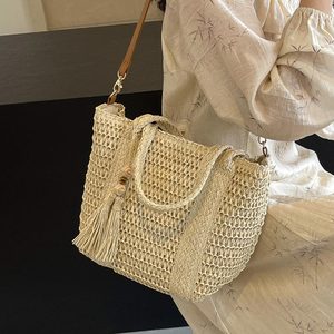 <span class=keywords><strong>Borsa</strong></span> da Spiaggia in Paglia Polinesiana con Manici in Stile Cesto Francese, Chiusura Aperta, Naturale, Nero <span class=keywords><strong>Mare</strong></span>, in Pelle, Portatile, Foderata in Poliestere - Product Image 1